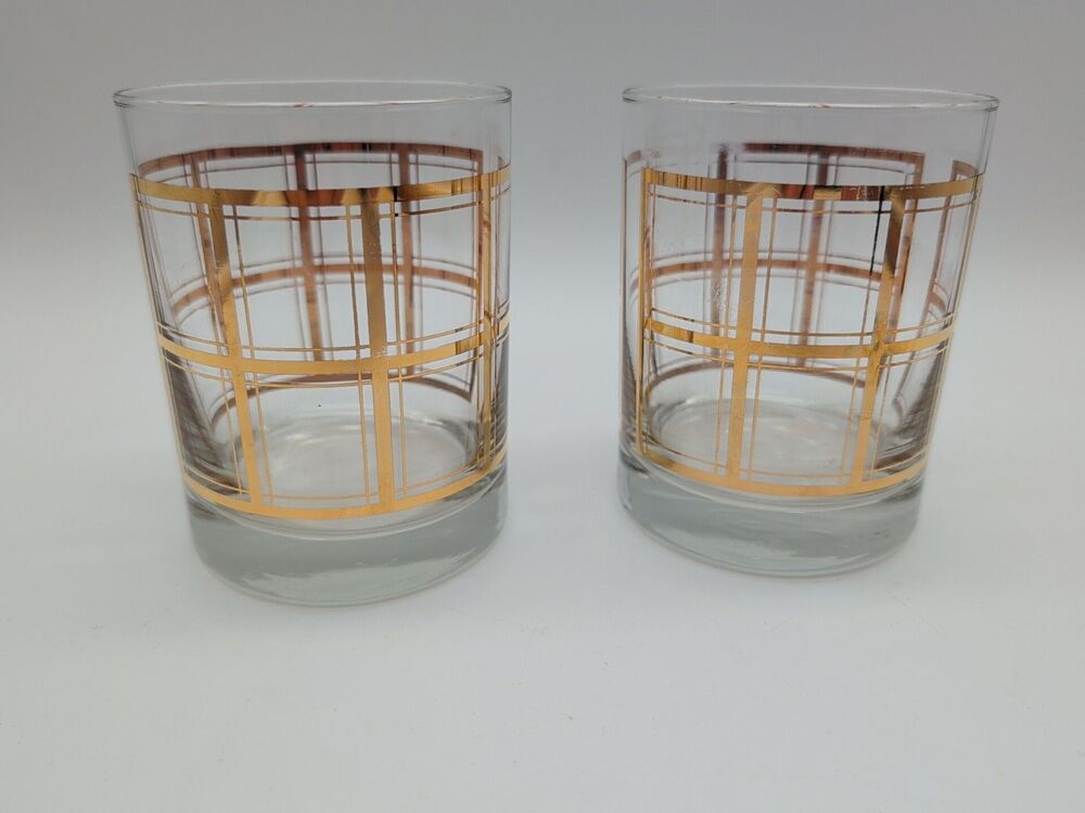 Two Window Pane Double Old Fashioned Glasses Lowball Hollywood Regency